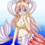  breasts cleavage cosplay crown glasses jewelry large_breasts long_hair look-alike lowres lucky_star mermaid monster_girl navel one_piece open_mouth pink_hair purple_eyes shell shell_bikini shirahoshi shirahoshi_(cosplay) smile solo takara_miyuki 