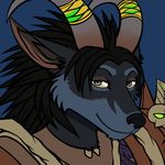  2015 anthro armor black_hair black_nose blue_fur canine female fur green_eyes hair horn horn_ring looking_at_viewer mammal paralee_(character) plain_background pointy_ears ratte reaction_image solo video_games warcraft were werewolf worgen 