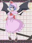  ascot bat_wings blood bloody_hands blouse blue_hair brooch commentary_request fang fang_out flat_chest hat highres jewelry long_skirt looking_at_viewer mob_cap plaid plaid_background purple_skirt red_eyes remilia_scarlet short_hair skirt skirt_set smile solo torizaki_kuyuri touhou wings 