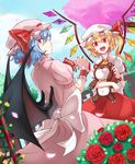  :d bat_wings blonde_hair blue_hair cherry_blossoms cup dress fang_out fangs flandre_scarlet flower hat hat_ribbon highres looking_at_viewer mob_cap multiple_girls nobu_baka open_mouth red_eyes remilia_scarlet ribbon rose smile stuffed_animal stuffed_toy teacup teddy_bear touhou tsurime wings 