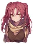  commentary_request furrowed_eyebrows highres hijiri_(resetter) looking_at_viewer original red_hair scarf short_hair solo sweater_vest vest white_background yellow_eyes 