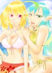  ahoge artist_request ass bare_shoulders beach bikini blonde_hair blue_hair breasts cleavage gradient gradient_background green_eyes large_breasts long_hair midriff milla_maxwell multicolored_hair multiple_girls muzet_(tales) open_mouth pink_eyes short_hair swimsuit tales_of_(series) tales_of_xillia tales_of_xillia_2 water yuri 
