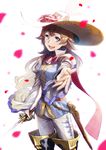  :d ange_d'erlanger bangs black_footwear blue_eyes blurry boots brown_hair depth_of_field flower granblue_fantasy hat hat_feather hat_flower highres long_hair long_sleeves looking_at_viewer open_mouth outstretched_arm pants petals pink_flower pink_rose rapier reverse_trap rose simple_background smile solo sword thigh_boots thighhighs tsurusaki_yuu v-shaped_eyebrows weapon white_background white_pants 