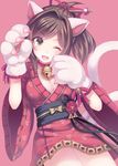  ;3 ;d animal_ears bell bell_collar blush bow breasts brown_hair cat_ears cat_tail cleavage collar fangs gloves granblue_fantasy green_eyes hair_bow hair_ornament hair_ribbon hair_stick idolmaster idolmaster_cinderella_girls japanese_clothes jingle_bell kamanatsu kimono large_breasts looking_at_viewer maekawa_miku multiple_tails obi one_eye_closed open_mouth panties pantyshot paw_gloves paws pink_background ponytail ribbon sash short_hair short_kimono simple_background smile solo tail underwear white_panties wide_sleeves 