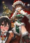  2girls ;o all_fours animal_costume bangs bell black_gloves black_hair black_legwear blush bow bowtie breasts brown_eyes brown_hair cape chikuma_(kantai_collection) christmas_tree collared_dress commentary_request crossed_arms dress elbow_gloves fake_facial_hair fake_mustache fur-trimmed_cape fur-trimmed_legwear fur_trim gloves green_dress hair_between_eyes hat highres kantai_collection long_hair looking_away looking_up medium_breasts multiple_girls night night_sky one_eye_closed open_mouth pelvic_curtain red_cape red_hat red_neckwear reindeer_costume saddle sanpaku santa_costume santa_hat short_sleeves sidelocks signature single_elbow_glove sky star thighhighs thighs toka_(marchlizard) tone_(kantai_collection) twintails 