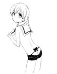  ass bad_id bad_pixiv_id from_behind greyscale inazuma_eleven inazuma_eleven_(series) lingerie long_hair looking_at_viewer looking_back male_focus miyasaka_ryou monochrome simple_background solo tomo_(sjim) underwear underwear_only white_background 