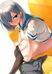  black_legwear blue_eyes blush bottomless breasts commentary_request dragonmaterial dutch_angle hair_ornament hair_over_one_eye hairclip hamakaze_(kantai_collection) kantai_collection large_breasts leg_up looking_at_viewer no_panties pantyhose sailor_collar school_uniform see-through serafuku silver_hair sitting skirt skirt_removed solo sweat 