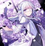  blush commentary_request cross double_bun engrish eyepatch flower hijiri_(resetter) long_hair looking_at_viewer original petals purple_eyes ranguage rose silver_hair smile solo stained_glass wide_sleeves window 