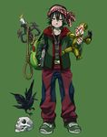  backpack bag bandana bird candle crow fujie_yamato full_body green_background hammer highres hood hoodie male_focus nail noose original pants shoes simple_background skull sneakers solo standing track_pants 