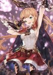  bad_id bad_pixiv_id brown_hair cape clarisse_(granblue_fantasy) gloves granblue_fantasy green_eyes langod long_hair one_eye_closed skirt v 