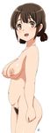  1girl blush breasts brown_eyes brown_hair female from_side hair_rings hibike!_euphonium looking_at_viewer looking_back nagase_riko navel nipples nude open_mouth pubic_hair short_hair signature simple_background smile solo twintails vzmk2 white_background 