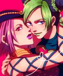  bad_id bad_pixiv_id blue_eyes blue_hair blurry braid chromatic_aberration double_bun fishnets genderswap genderswap_(mtf) green_hair green_lipstick hat highres hug jojo_no_kimyou_na_bouken kuujou_jolyne lipstick makeup multicolored_hair multiple_girls narciso_anasui pink_eyes pink_hair pink_lipstick rin2010 short_hair two-tone_hair 