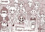  5boys 5girls akuo chiko_(mario) donkey_kong donkey_kong_(series) dress facial_hair gen_1_pokemon hair_ornament inkling iwata_satoru jewelry kid_icarus kirby kirby_(series) link long_dress long_hair mario mario_(series) mask metroid mother_(game) mother_2 multiple_boys multiple_girls mustache ness overalls palutena party pikachu pikmin_(creature) pikmin_(series) pit_(kid_icarus) pokemon pokemon_(creature) princess_peach princess_zelda samus_aran splatoon_(series) splatoon_1 super_mario_bros. super_mario_galaxy the_legend_of_zelda the_legend_of_zelda:_twilight_princess tiara 