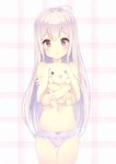  :t ahoge alc_(ex2_lv) bad_id bad_pixiv_id bow bow_panties covering covering_breasts lace lace-trimmed_panties long_hair original panties pink_panties plaid plaid_background purple_eyes silver_hair solo stuffed_animal stuffed_bunny stuffed_toy topless underwear 
