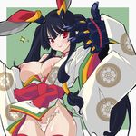  bare_shoulders black_hair breasts bunny_hair_ornament gauntlets hair_ornament hair_tubes headgear highres japanese_clothes kaguya_(queen's_blade) large_breasts long_hair looking_at_viewer nipples panties puffy_nipples queen's_blade queen's_blade_grimoire red_eyes red_legwear smile solo thighhighs torn_clothes torn_panties twintails underwear yaochou 