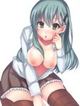  aqua_hair blush breasts hair_ornament hairclip kamanatsu kantai_collection long_hair looking_at_viewer medium_breasts nipples open_clothes open_mouth open_shirt school_uniform shirt sitting skirt solo suzuya_(kantai_collection) thighhighs wariza 