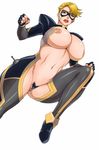  areola_slip areolae blonde_hair blue_eyes breasts clenched_hands corruption dark_persona eighth_wonder fingerless_gloves gloves haruka_athena huge_breasts lips lipstick makeup mask matoyama mature navel revealing_clothes short_hair solo superhero thighs uchi_no_musume_ni_te_wo_dasuna! 