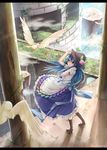  bird blue_hair boots bow castle floating_rock flower food fruit hat highres hinanawi_tenshi long_hair open_mouth peach pillar plant puffy_short_sleeves puffy_sleeves red_eyes shirt short_sleeves signature skirt solo touhou uruha_(yw1109) very_long_hair vines wind 