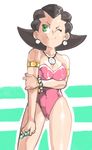  ;) armlet bare_shoulders black_hair bracelet breasts cleavage cowboy_shot earrings green_eyes hair_slicked_back holding_arm inkerton-kun jewelry leotard medium_breasts necklace one_eye_closed pink_leotard playboy_bunny_leotard ring rockman rockman_dash short_hair smile solo tron_bonne 