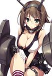  :&lt; absurdres between_thighs blush breasts brown_hair cannon cleavage covering covering_crotch gloves green_eyes hair_between_eyes headgear highres kantai_collection karory large_breasts leg_up matchstick mecha_musume midriff miniskirt mutsu_(kantai_collection) navel pleated_skirt red_legwear scan short_hair sitting skirt socks solo sweat turret white_gloves 