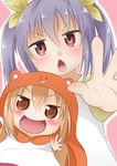  :d blonde_hair blue_hair brown_eyes chestnut_mouth chibi company_connection crossover doma_umaru hamster_costume highres himouto!_umaru-chan kazuya_lolicon komaru looking_at_viewer miyauchi_renge multiple_girls non_non_biyori open_mouth red_eyes season_connection smile twintails 