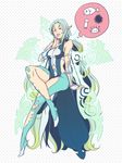  aqua_hair bare_shoulders blush bracelet breasts crab detached_sleeves dress fish green_eyes halftone halftone_background jewelry multicolored_hair muzet_(tales) open_mouth pantyhose solo squid tales_of_(series) tales_of_xillia tales_of_xillia_2 very_long_hair wings 