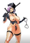  breasts breasts_outside butcherboy chains collar cuffs female fishnet_legwear fishnets gloves gradient gradient_background handcuffs hat large_breasts naughty_face nightstick original police_hat police_uniform policewoman pubic_hair purple_hair pussy red_eyes short_hair smile solo thighhighs uncensored uniform 