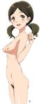  1girl blush breasts brown_hair female from_side hair_tie hibike!_euphonium long_hair looking_at_viewer looking_back navel nipples nude ogasawara_haruka open_mouth pubic_hair signature simple_background smile solo twintails vzmk2 white_background yellow_eyes 