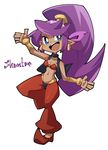  1girl artist_request blue_eyes blush breasts cleavage dark_skin earrings hoop_earrings jewelry looking_at_viewer ponytail purple_hair shantae shantae_(character) simple_background solo 