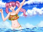  74 :d arms_up bikini blush cloud day fire_emblem fire_emblem:_rekka_no_ken long_hair navel one_eye_closed open_mouth partially_submerged pink_hair purple_eyes serra sky smile solo swimsuit twintails water 