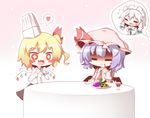  :d =_= alternate_costume ascot bad_food bat_wings blonde_hair blood blood_from_mouth blush_stickers bow chef_hat chibi commentary_request dress fang flandre_scarlet flying_sweatdrops food gaius_(nikoniko2) hat hat_bow heart izayoi_sakuya long_hair maid_headdress mob_cap multiple_girls open_mouth pink_dress purple_hair red_bow remilia_scarlet shaded_face short_hair short_sleeves skirt smile sparkling_eyes spoken_heart touhou wings 