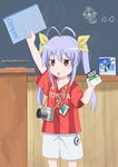  antenna_hair arm_up blush camera catchphrase chalkboard chestnut_mouth child company_name hair_ribbon holding j._league long_hair miyauchi_renge model nagoya_grampus non_non_biyori notebook number nyanpassu~ open_mouth pun purple_hair red_eyes ribbon shirt shorts solo standing submarine triangle_mouth twintails watercraft 