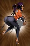  all_fours ass bleach bodysuit cat_tail catsuit dark_skin feet gradient gradient_background leggings long_hair naughty_face ponytail purple_hair shadow shihouin_yoruichi solo spandex tail tan_skin tanned vest 
