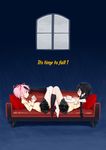  akemi_homura black_hair black_hairband black_legwear blush book braid couch eye_contact feet footsies fuwa_daisuke glasses hairband highres kaname_madoka kneehighs leg_grab long_hair looking_at_another mahou_shoujo_madoka_magica multiple_girls pink_eyes pink_hair purple_eyes school_uniform short_hair short_twintails sitting smile twin_braids twintails white_legwear yuri 