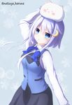  angora_rabbit animal animal_on_head blue_eyes bunny bunny_on_head cosplay crescent crescent_hair_ornament gochuumon_wa_usagi_desu_ka? hair_ornament kafuu_chino kafuu_chino_(cosplay) kantai_collection long_hair looking_at_viewer natsuya_(pucelle) on_head purple_hair rabbit_house_uniform short_hair short_hair_with_long_locks tippy_(gochiusa) yayoi_(kantai_collection) 