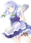  1girl absurdres apron commentary_request grey_eyes highres holster izayoi_sakuya kashiwagi_chisame maid_headdress partial_commentary simple_background solo teapot thigh_holster touhou tray waist_apron white_background white_hair 