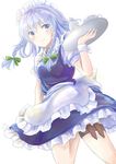  absurdres apron highres holster izayoi_sakuya kashiwagi_chisame maid_apron maid_headdress silver_eyes silver_hair solo teapot thigh_holster touhou tray waist_apron 