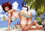  1girl all_fours animal_ears ass assisted_exposure barefoot beach bikini blush breasts cleavage error feet fueta_kishi fuetakishi kneeling outdoors pussy_slip solo swimsuit tail tanline thighhighs underboob undressing 