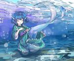  blue_hair bubble closed_eyes dress drill_hair frills green_dress head_fins japanese_clothes kimono long_sleeves mermaid monster_girl obi open_mouth ribbon saltlaver sash short_hair solo touhou underwater wakasagihime wide_sleeves 