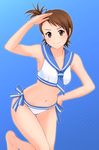  bikini brown_eyes brown_hair futami_ami idolmaster idolmaster_(classic) sailor_bikini sailor_collar sailor_swimsuit_(idolmaster) salute short_hair side_ponytail smile standing swimsuit tengu_(tetuo_kun) 