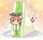  :3 animal_ears brown_hair cat_ears cat_tail chen food green_hat hat ibaraki_natou jewelry mob_cap multiple_tails nekomata sandwich short_hair single_earring solo tail touhou two_tails 