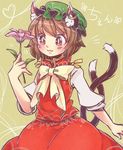  animal_ears brown_hair cat_ears cat_tail chen green_hat hat ibaraki_natou jewelry mob_cap multiple_tails nekomata short_hair single_earring solo tail touhou two_tails 