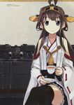  :&gt; ahoge artist_name black_eyes black_legwear boots brown_hair cannon crossed_legs cup hakama_skirt headgear highres japanese_clothes kantai_collection kongou_(kantai_collection) konishi_(koconatu) long_hair non-web_source nontraditional_miko official_art ribbon-trimmed_sleeves ribbon_trim saucer scan sitting smile solo tea teacup thigh_boots thighhighs turret zettai_ryouiki 