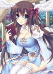  :d archbishop blue_eyes blush book breasts brown_hair cleavage hair_between_eyes head_wings large_breasts long_hair looking_at_viewer open_mouth ragnarok_online sitting smile solo sorai_shin'ya very_long_hair white_legwear 