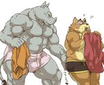  boxers_(clothing) canine clothing male male/male mammal plain_background rhinoceros slap tetsuo_oshiba text translation_request underwear 