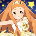  dress ichihara_nina idolmaster idolmaster_cinderella_girls jewelry long_hair looking_at_viewer mizuki_makoto necklace orange_eyes orange_hair ribbon smile solo star tiara white_dress 