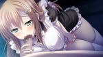  1girl bed blush breast_press breasts brown_hair censored fellatio game_cg gradient gradient_background green_eyes hair_ornament hairclip highres large_breasts legs long_hair looking_down lying maid mosaic_censoring noba oral panties penis solo_focus thighs underwear white_legwear yobai_suru_shichinin_no_harame_2 