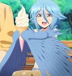  1girl blue_hair blush feathers food harpy highres ice_cream monster_girl monster_musume_no_iru_nichijou open_mouth papi_(monster_musume) screencap short_hair solo stitched wings yellow_eyes 