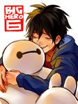  baymax big_hero_6 black_hair blue_jacket closed_eyes copyright_name fingernails highres hiro_hamada hood hooded_jacket hug jacket long_sleeves marvel open_clothes open_jacket parted_lips robot shiyi_(kichiku19) simple_background smile upper_body white_background 