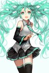  :d aqua_eyes aqua_hair bare_shoulders black_legwear detached_sleeves hatsune_miku long_hair long_sleeves looking_at_viewer necktie open_mouth shirt short_eyebrows skirt smile solo thighhighs thighs twintails very_long_hair vocaloid wide_sleeves zen_o zettai_ryouiki 